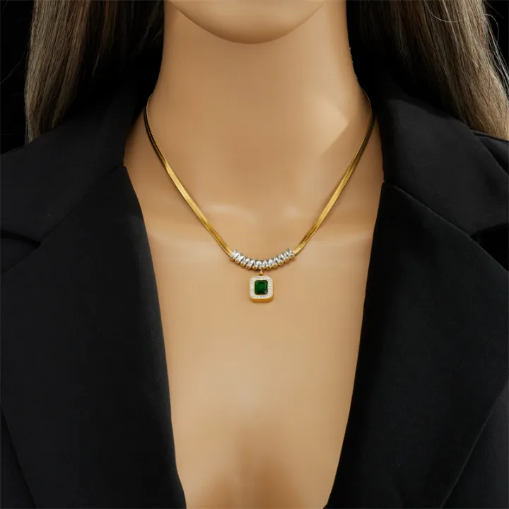 316L%20Stainless%20Steel%20Luxury%20Non-fading%20Square%20Green%20Crystal%20Zircon%20Pendant%20Necklace%20Earrings%20Jewelry%20Set%20For%20Women%20Gifts%20-%20Image%202