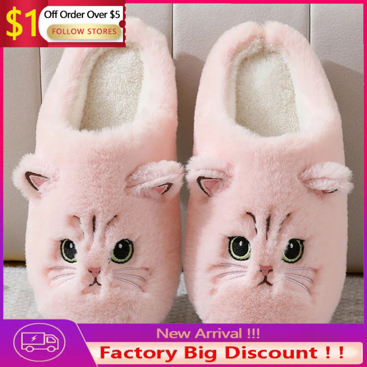 Cute Cat Slippers Fluffy Furry Women Home Platform Slippers Men Winter Plush Slides Indoor Fuzzy Slippers Lovely Cotton Shoes