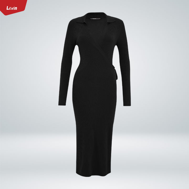 Womens%20Long%20Sleeve%20Ribbed%20Knit%20Wrap%20Collared%20Midi%20Belted%20Bodycon%20From%20Levin%20-%20Image%209