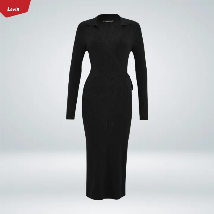 Womens%20Long%20Sleeve%20Ribbed%20Knit%20Wrap%20Collared%20Midi%20Belted%20Bodycon%20From%20Levin%20-%20Image%209