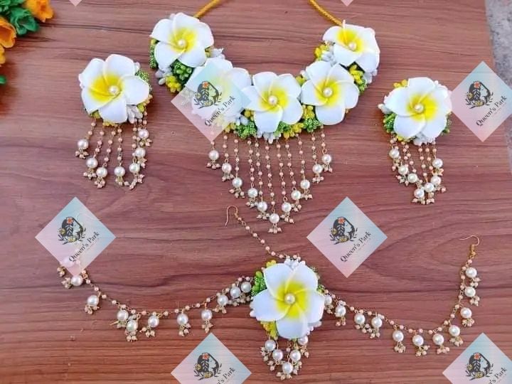 Exclusive design kathgolap jewellery set bridal or non bridal jewellery set  for girls and women yellow night ornaments artificial flower jewellery set
