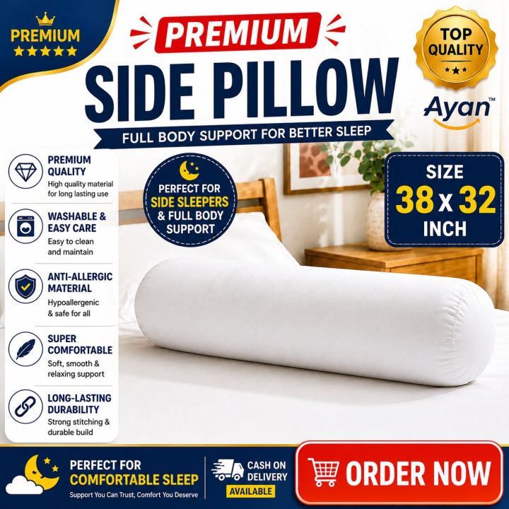 Premium Quality Side Pillow/Bolster Pillow Big Size (38”×32”) Inch