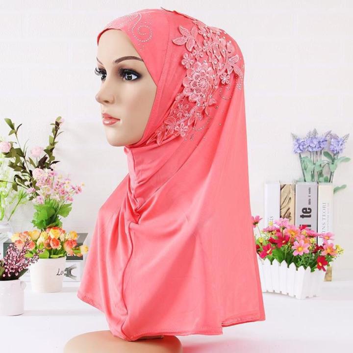 beautiful big gilrs muslim hijab with lace and stones islamic scarf shawl headscarf hat armia pull on wrap ramadan gift