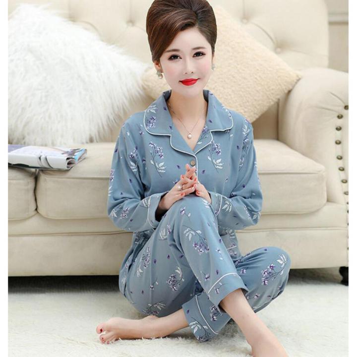 Women Pajamas Sets Cotton Sleepwear Turn-down Collar Long Sleeve Autumn  Plus Size Pyjama lattice Female Casual Homewear Pijama