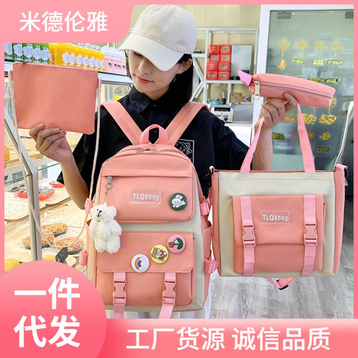 Women's Bag New Canvas Backpack Women's Korean Version Harajuku Large Capacity Four-Piece Set Middle School Backpack College Student School Bag