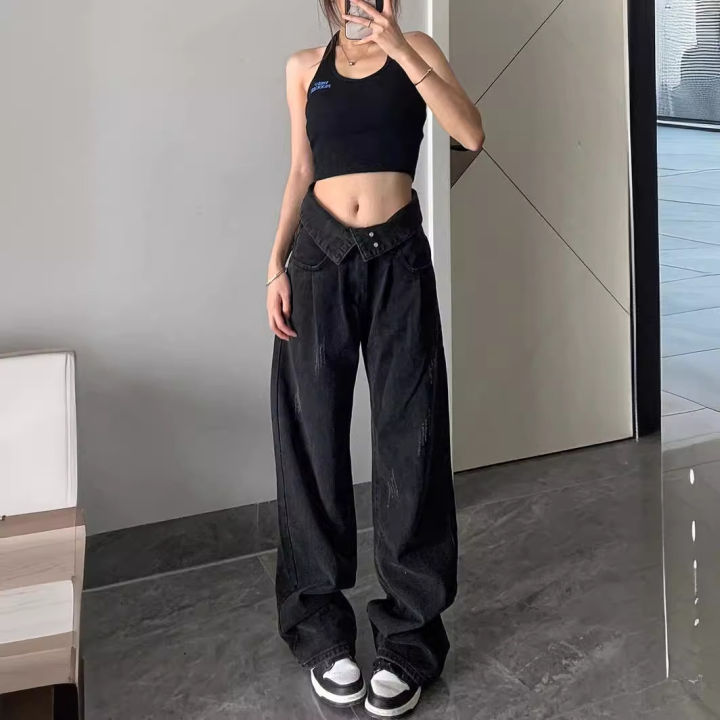 American ins retro wash black jeans women's early spring hot girl design sense loose and thin straight-leg wide-leg pants