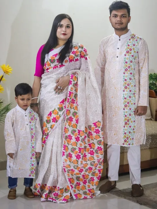 Block%20Print%20Family%20Set%20Half%20Silk%20Saree%20and%20Dhupian%20Panjabi%20for%20Father%20Mother%20and%20Son%20-%20Image%205