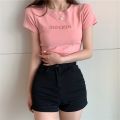 Letter embroidered top 2024 Summer New Slim Bottoming Women's Clothing Korean Style Short Sleeve Fashion T Loose T-shirt.