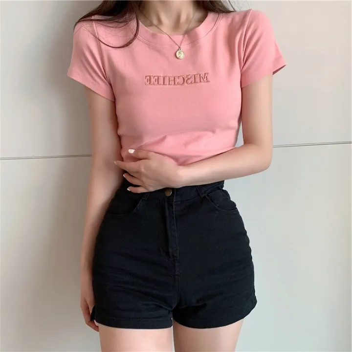 Letter%20embroidered%20top%202024%20Summer%20New%20Slim%20Bottoming%20Women's%20Clothing%20Korean%20Style%20Short%20Sleeve%20Fashion%20T%20Loose%20T-shirt%20-%20Image%204