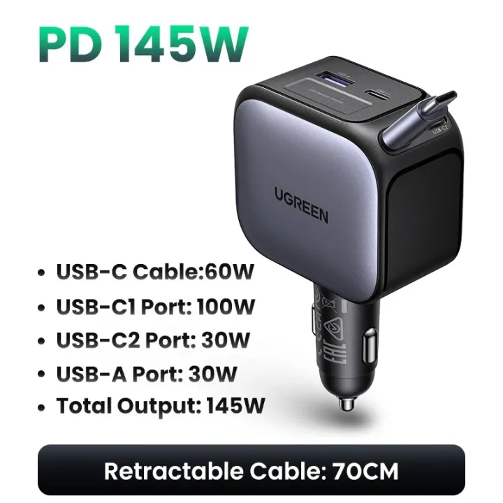 UGREEN%20145W%2090W%2060W%20Car%20Charger%203%20USB-C%20&%201%20USB-A%20Ports%20PD%20QC4.0%20Fast%20Charging%20with%20Retractable%20Cable%20for%20iPhone%2015%20Pro%20MacBook%20-%20Image%205