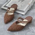New Lady Style Niche Design Sense Lace-up Thick Heel Pointed Head Rose Wrapped Head Half Slippers.