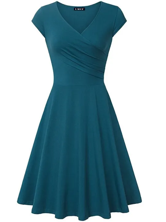 Female%20Solid%20Dress%20Knee-Length%20Short%20Sleeve%20Summer%20Empire%20Pleated%20Dresses%20A-line%20V-neck%20Simple%20Laides%20Casual%20Club%20Party%20Dress%20-%20Image%204