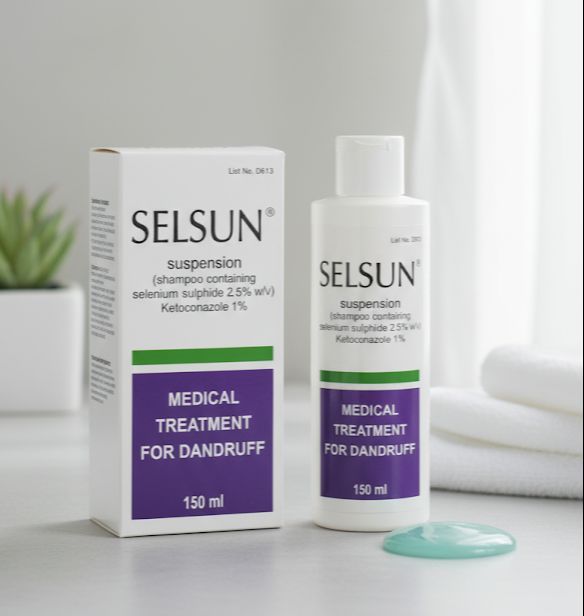 International UK Product Selsun Suspension shampoo containing selenium sulfide 2.5% w/v ketoconazole 1% -150ml