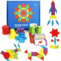 155 Pcs Wooden Pattern Blocks Set Geometric Shape Puzzle Kindergarten Classic Educational Montessori Tangram Toys for Kids.
