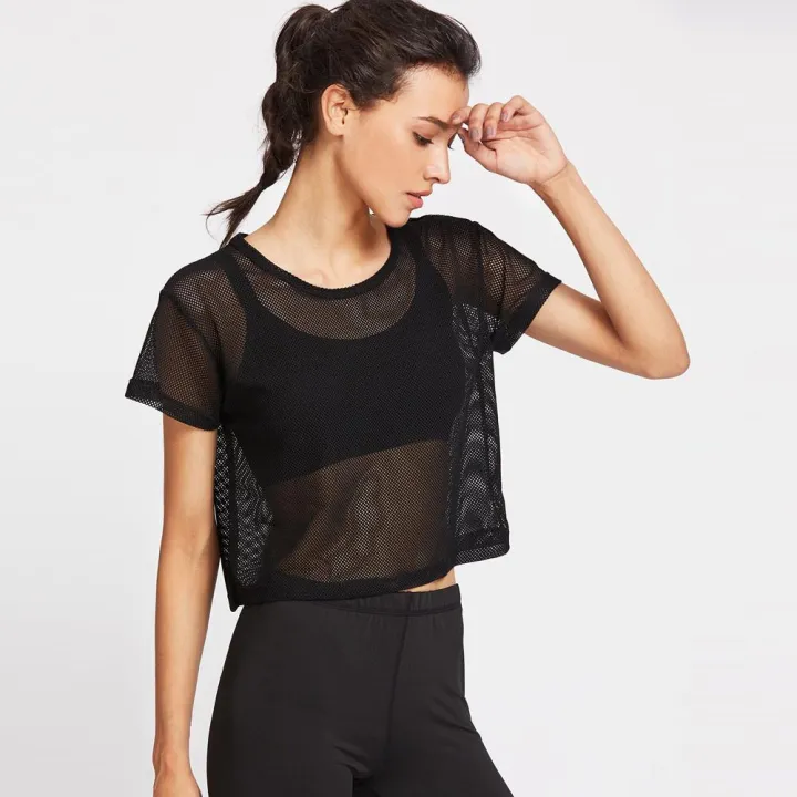 Women%20Black%20Mesh%20Cover%20Up%20Sports%20Meshed%20Top%20Dancing%20Fitness%20Shirt%20Tops%20-%20Image%203
