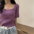 Short Sleeve Square Collar Top Women's Clothing New Spring and Summer Ice Silk Sweater Thin Slim Fit Slimming ins Tide. 