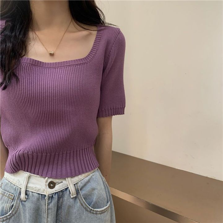 Short Sleeve Square Collar Top Women's Clothing New Spring and Summer Ice Silk Sweater Thin Slim Fit Slimming ins Tide