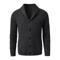 Men's Shawl Collar Cardigan Sweater Slim Fit Cable Knit Button up Black Merino Wool Sweater. 