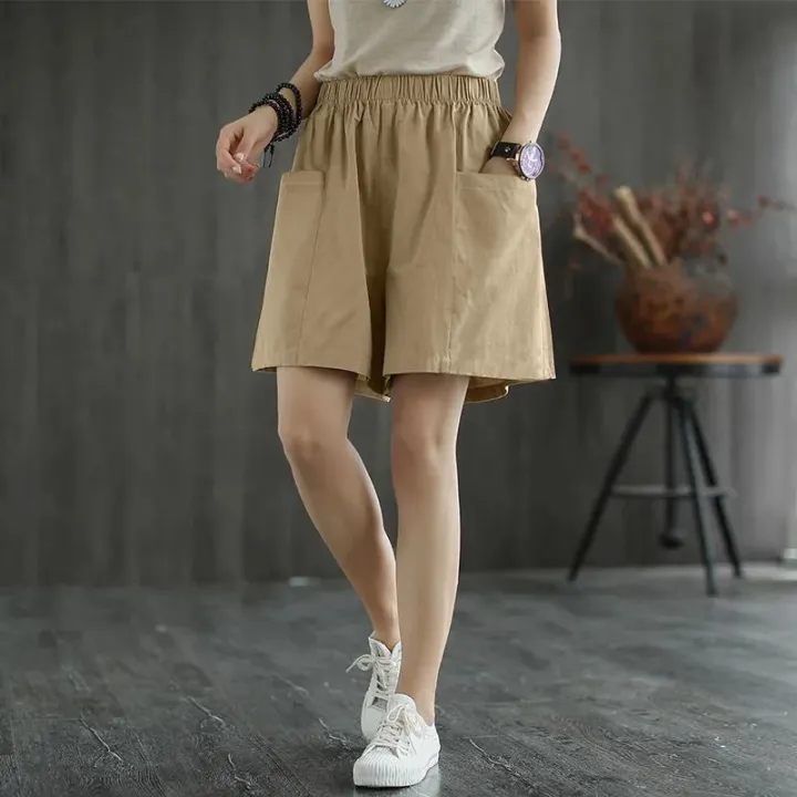 Women's%20Cotton%20High%20Waist%20Casual%20Shorts2022Summer%20Thin%20New%20Artistic%20Pure%20Color%20Slimming%20Versatile%20Pocket%20Wide%20Leg%20Pants%20-%20Image%205