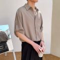 2023 Summer New Korean Fashion Ice Silk Short Sleeve Shirt Men Half-sleeved Lapel Solid Color Casual High Quality Shirts for Men.