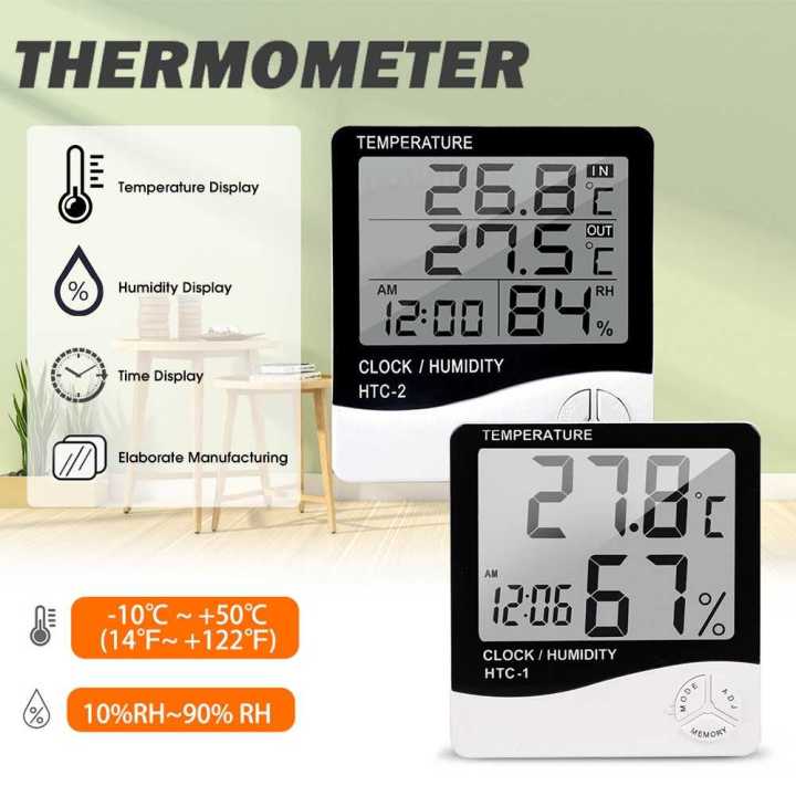 HTC-2 Thermometer Hygrometer Weather Station Wireless Temperature Humidity Tester Indoor Outdoor Probe Clock Alarm Tool