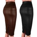 Women High Waist Split Faux Leather Knee Length Pencil Skirt. 