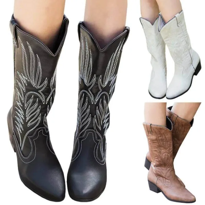 Women%20Cowboy%20Boots%20Embroidery%20Mid%20Calf%20Vintage%20Pull%20On%20Cowgirl%20Low%20Block%20Western%20-%20Image%203