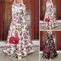 ZANZEA Muslimah Women Muslim Long Sleeve Belted Layered Floral A-Line Holiday Maxi Dress.
