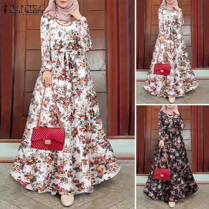 ZANZEA%20Muslimah%20Women%20Muslim%20Long%20Sleeve%20Belted%20Layered%20Floral%20A-Line%20Holiday%20Maxi%20Dress%20-%20Image%203