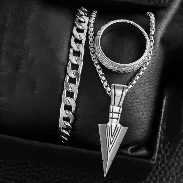 Ultimate%20Men's%20Silver-Tone%20Warrior%20Jewelry%20Set%20with%20Arrowhead%20Pendant,%20Chain%20Bracelet%20&%20Ring%20Set%20-%20Image%204