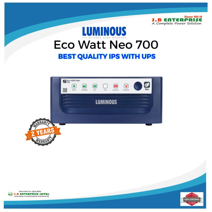 LUMINOUS Eco Watt Neo 700 IPS UPS 12V | 500 Watt | For 3 Fans & 6-7 Lights / Computer, TV, Printer, Scanner | Authorized Dealer: J.B ENTERPRISE | 2 Years Warranty