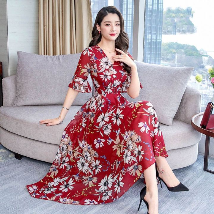 Women%20Floral%20Long%20Dress%202023%20Casual%20Fashion%20Chiffon%20A%20Line%20V%20Neck%20Short%20Sleeve%20Dress%20Summer%20Elegant%20Fashion%20Comfortable%20Dresses%20-%20Image%204
