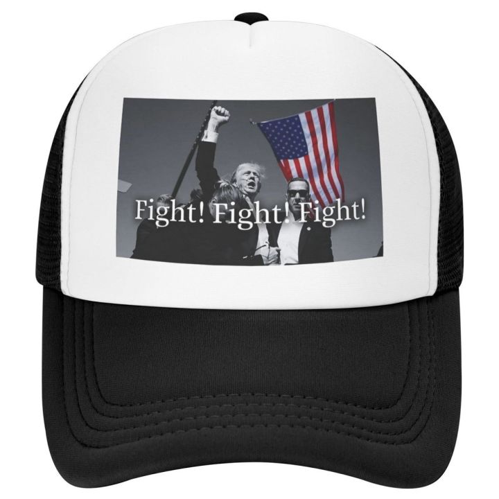 Fight Trump Rally Shooting Foam Trucker Men Women Breathable Cooling Mesh Golf Cap Leisure Sun Hat Adjustbale