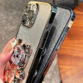 New Phone cases iPhone 15 14 Pro Max 15 14 Plus 13 Pro 12 Pro Max 11 Pro Max Xr Xs Max 7 8 6s Plus SE Penutup belakang Gradien 3D Folding Bear Stand Holde Mewah Slim Plating Glitter Girls Casing ponsel Soft Transparan Silicone Protection. 