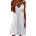 Collar spaghetti sleeveless summer white ladies dress eyelet lace V strap beach midi dress casual loose flowing suspenders 2024. 
