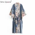 Boho Queens Women Floral Print Sashes Bohemian Robe Ladies V Neck Batwing Sleeves Happie Maxi Kimono Cover-ups. 