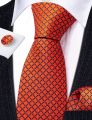 Fashion Orange Yellow Men Tie Luxury Silk Plaid High Quality Pocket Square Cufflinks Sets Groom Wedding Gifts Barry.Wang 6484. 