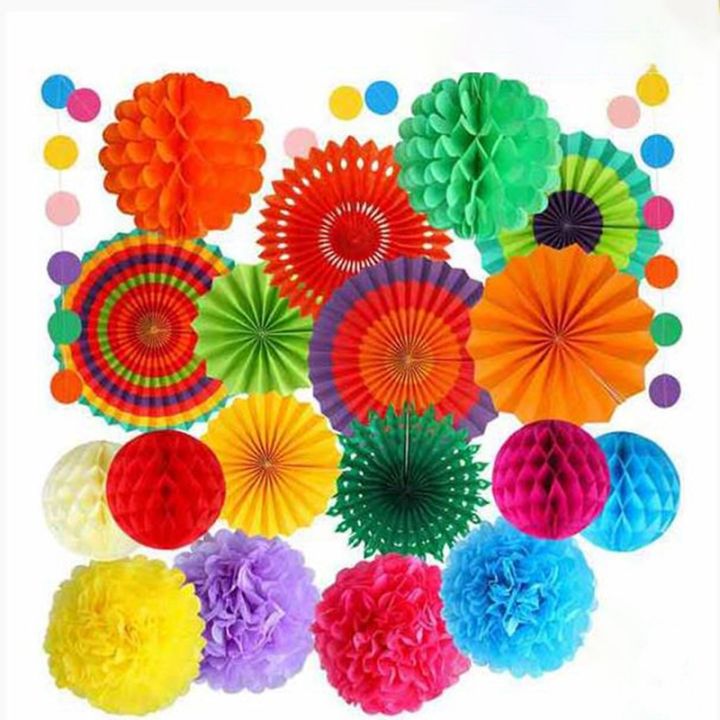 20Pcs Colourful Paper Fans Paper Flower Ball Honeycomb Balls Set
