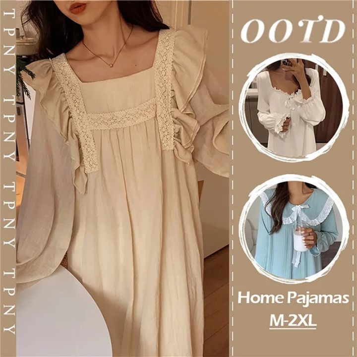 Elegant%20Nightgown%20Lace%20Sleepwear%20Womens%20Korean%20Style%20Ruffles%20Night%20Dress%20One%20Piece%20Pajamas%20Spring%20Long%20Sleeve%20Solid%20Home%20Wear%20-%20Image%202