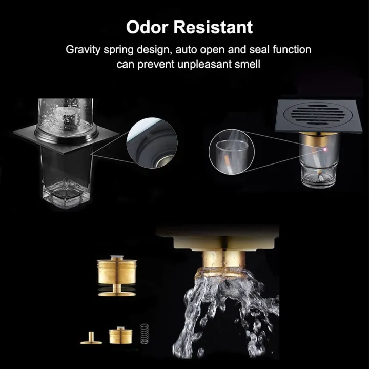 Durable%204%20Inch%20Square%20Shower%20Drain%20with%20Removable%20Cover%20Grate,%20Brass%20Anti%20Clogging%20and%20Odor%20Point%20Floor%20Drain%20Assembly%20with%20Hair%20Catcher%20Strainer,%20Matte%20Black%20-%20Image%206