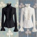 Fashion Autumn Tops Victorian Womens Tops Ruffles Long Sleeve Frill Solid Color OL Office Shirt Frilly Cuffs High Neck Blouse.