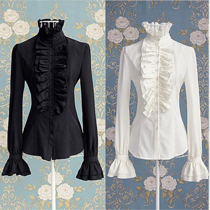 Fashion Autumn Tops Victorian Womens Tops Ruffles Long Sleeve Frill Solid Color OL Office Shirt Frilly Cuffs High Neck Blouse