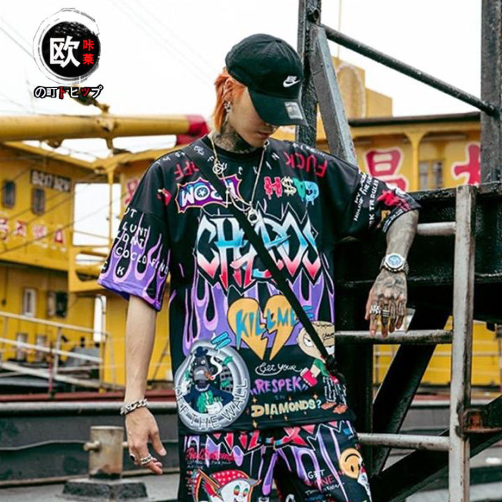Jnese%20ins%20graffiti%20T-shirt%20male%20short-sleeved%20large%20size%20loose%20summer%20stuHong%20Kong%20trend%20half-sleeved%20tshirt%20-%20Image%203