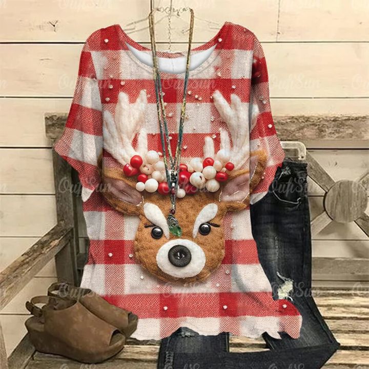 Christmas%20Elk%20Print%20Women's%20T-Shirt%20Autumn%20Winter%20Fashion%20Clothing%20Oversized%20O-Neck%20Ladies%20Short%20Sleeve%20Tops%20Casual%20Pullover%20Tee%20-%20Image%203