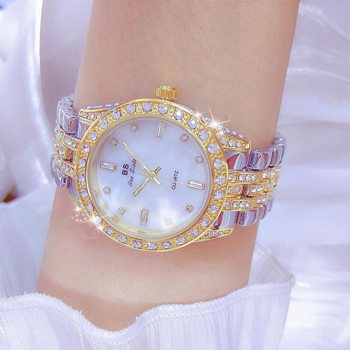 Luxury BS Brand Women Gold Stainless Steel Quartz Watch Military Crystal Casual Wrist Watches Rhinestone