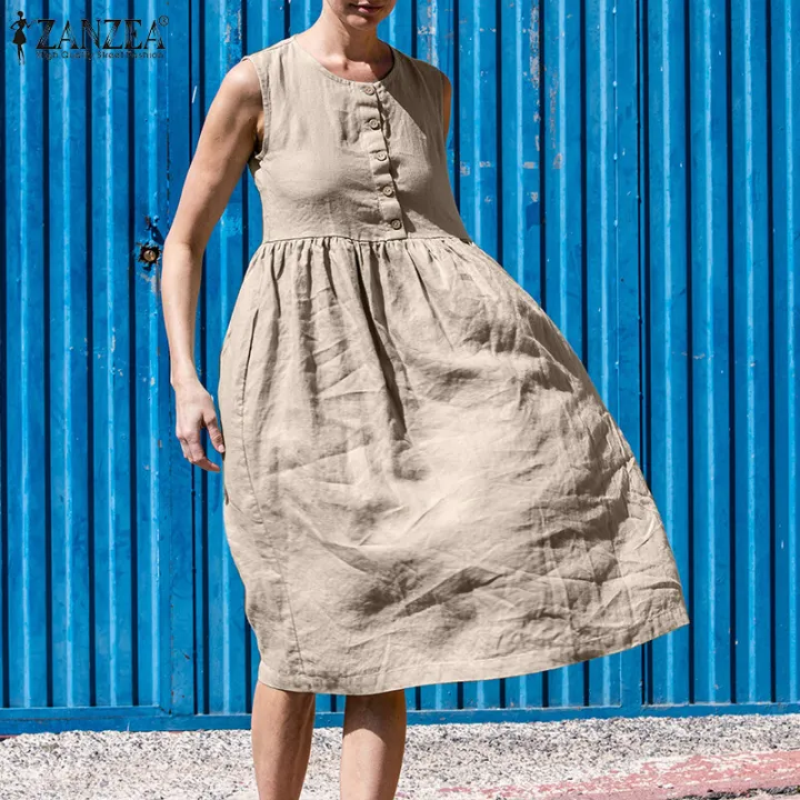 ZANZEA%20Womens%20Summer%20Sleeveless%20Tank%20Dress%20Casual%20Solid%20Cotton%20A-Line%20Midi%20Dresses%20#15%20-%20Image%202