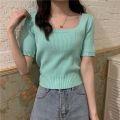 Short Sleeve Square Collar Top Women's Clothing New Spring and Summer Ice Silk Sweater Thin Slim Fit Slimming ins Tide. 