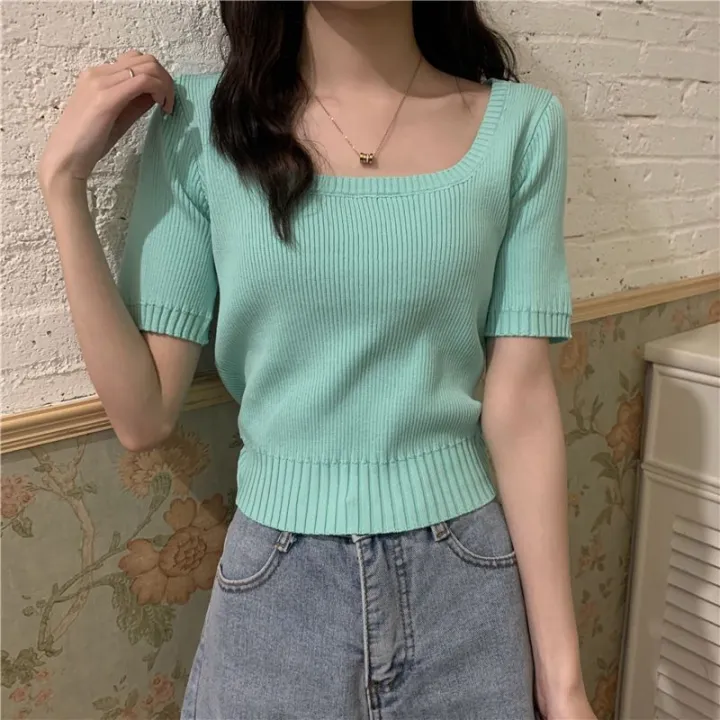 Short%20Sleeve%20Square%20Collar%20Top%20Women's%20Clothing%20New%20Spring%20and%20Summer%20Ice%20Silk%20Sweater%20Thin%20Slim%20Fit%20Slimming%20ins%20Tide%20-%20Image%205