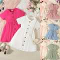 Kid’s Young Girl Comfortable Casual Solid Color Round Neck Short Sleeve Pleated Shirt Dress, Suitable for Children’s Elegant Dress.