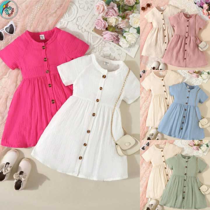 Kid’s Young Girl Comfortable Casual Solid Color Round Neck Short Sleeve Pleated Shirt Dress, Suitable for Children’s Elegant Dress